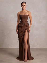 Sheath/Column Strapless Chiffon Maxi Formal Dresses with 3D Flowers & Slit