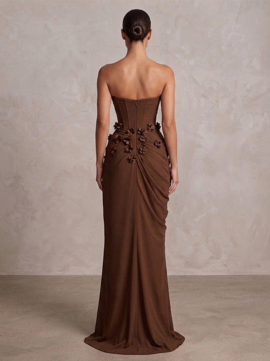 Sheath/Column Strapless Chiffon Maxi Formal Dresses with 3D Flowers & Slit