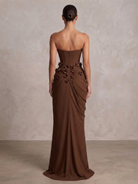 Sheath/Column Strapless Chiffon Maxi Formal Dresses with 3D Flowers & Slit