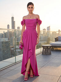 Mermaid/Trumpet Off Shoulder Stretch Jersey High-Low Formal Dresses with 3D Flowers & Ruched Waist