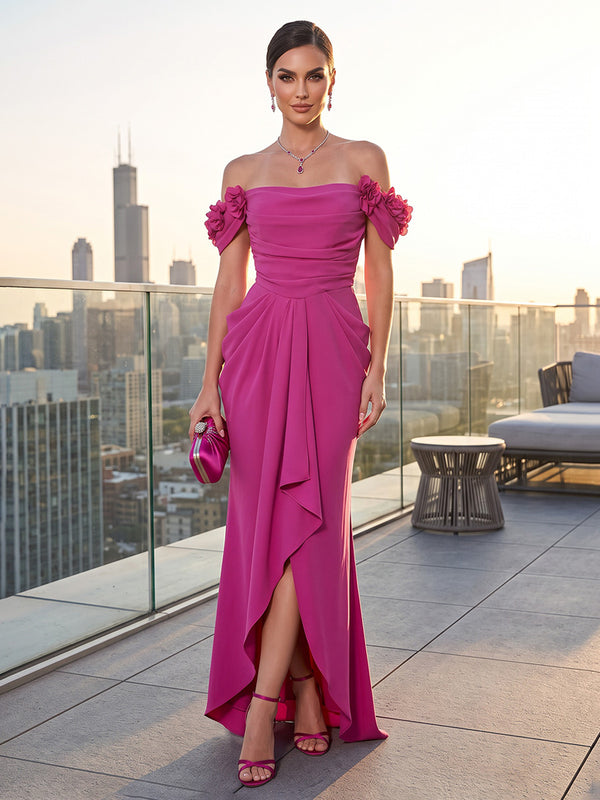Mermaid/Trumpet Off Shoulder Stretch Jersey High-Low Formal Dresses with 3D Flowers & Ruched Waist