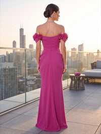 Mermaid/Trumpet Off Shoulder Stretch Jersey High-Low Formal Dresses with 3D Flowers & Ruched Waist
