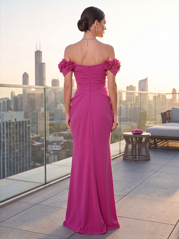 Mermaid/Trumpet Off Shoulder Stretch Jersey High-Low Formal Dresses with 3D Flowers & Ruched Waist