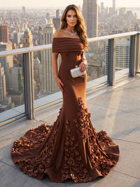 Mermaid/Trumpet Off Shoulder Stretch Jersey Maxi Formal Dresses with 3D Flowers & Sweep Train