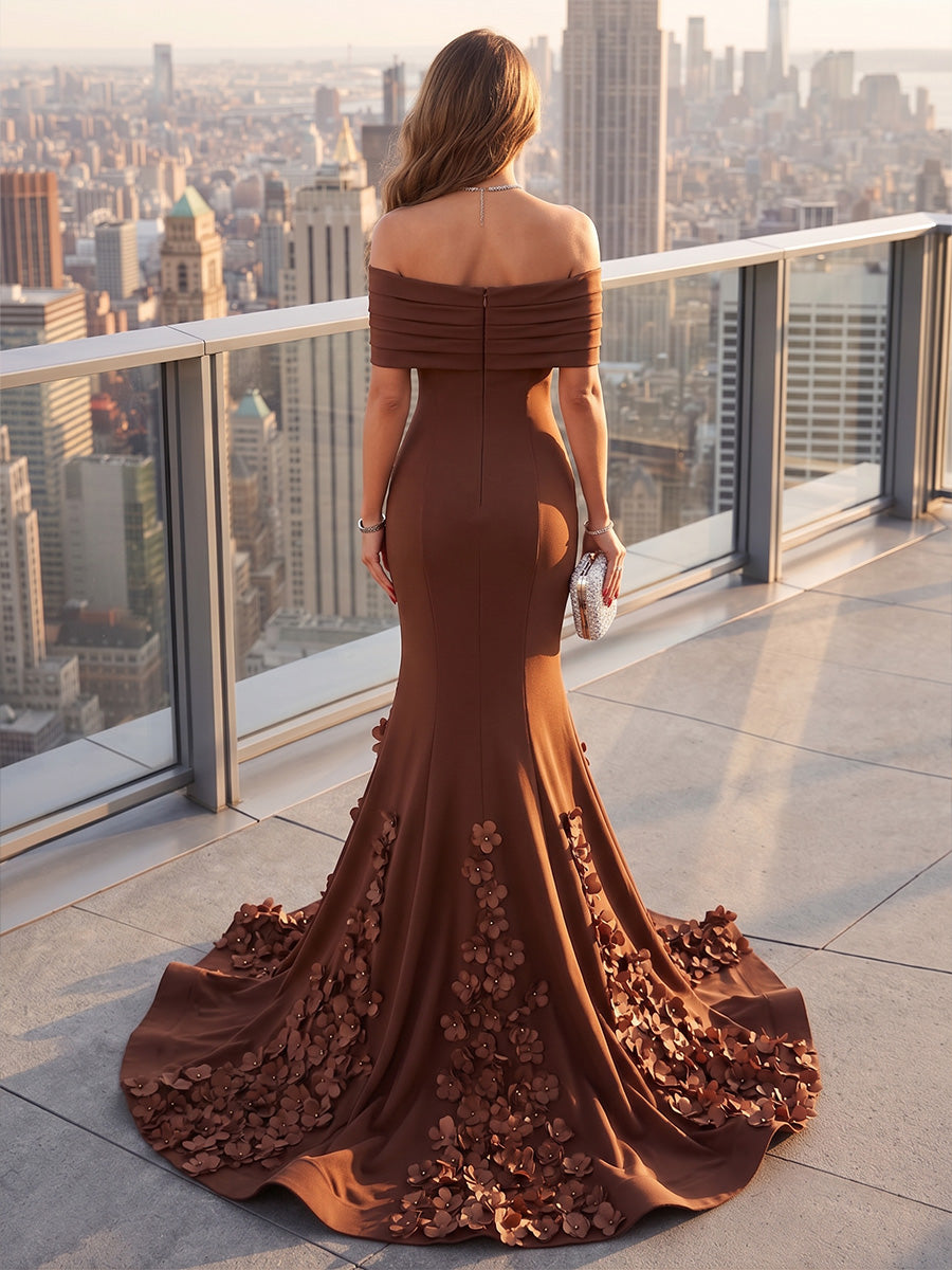 Mermaid/Trumpet Off Shoulder Stretch Jersey Maxi Formal Dresses with 3D Flowers & Sweep Train