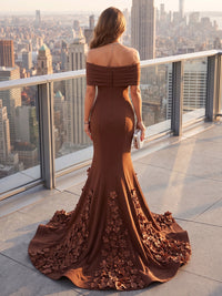 Mermaid/Trumpet Off Shoulder Stretch Jersey Maxi Formal Dresses with 3D Flowers & Sweep Train