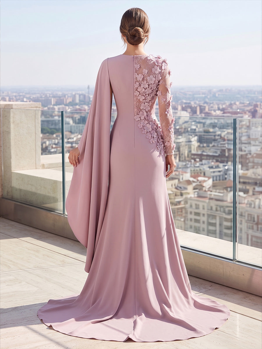 Mermaid/Trumpet Scoop Neck Stretch Jersey Maxi Formal Dresses with 3D Flowers, Sweep Train, Side Sash & Slit