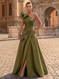 A-Line/Princess One Shoulder Satin Maxi Formal Dresses with Ruched Waist, Slit & Bow