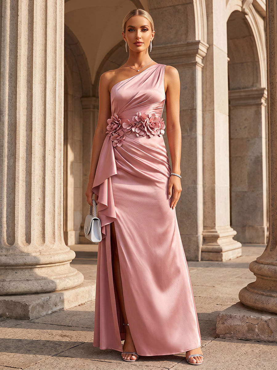 Sheath/Column One Shoulder Satin Maxi Formal Dresses with 3D Flowers, Ruched Waist, Ruffles & Slit