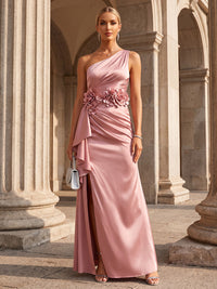 Sheath/Column One Shoulder Satin Maxi Formal Dresses with 3D Flowers, Ruched Waist, Ruffles & Slit