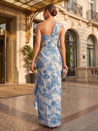 Sheath/Column One Shoulder Jacquard Maxi Formal Dresses with Ruched Waist