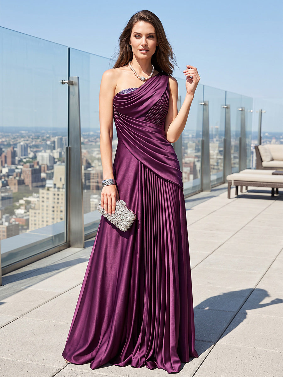 A-Line/Princess One Shoulder Satin Maxi Formal Dresses with Pleats, Ruched Waist & Rhinestones