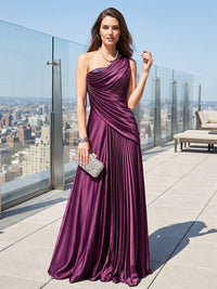 A-Line/Princess One Shoulder Satin Maxi Formal Dresses with Pleats, Ruched Waist & Rhinestones