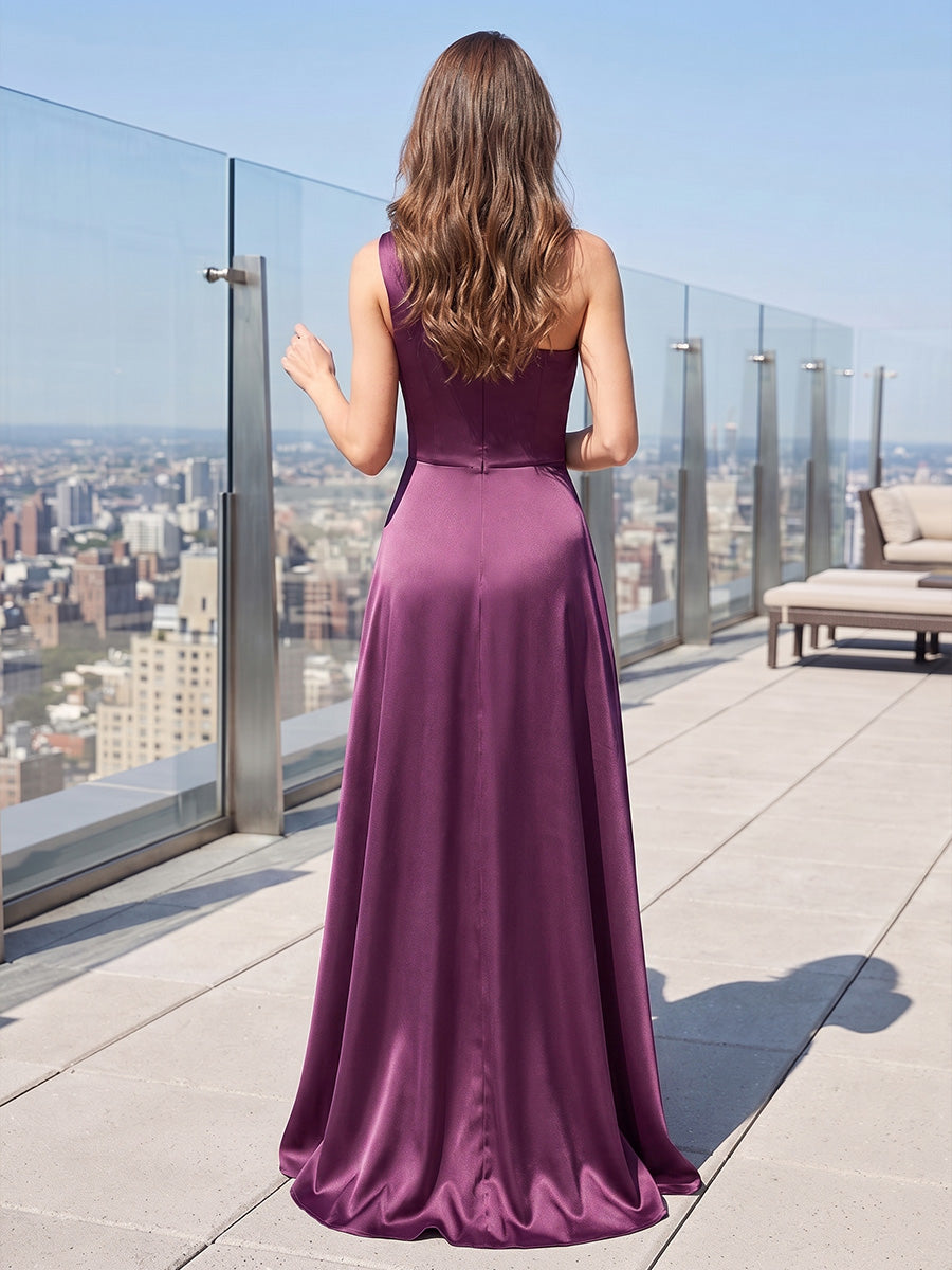 A-Line/Princess One Shoulder Satin Maxi Formal Dresses with Pleats, Ruched Waist & Rhinestones