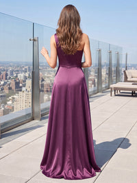 A-Line/Princess One Shoulder Satin Maxi Formal Dresses with Pleats, Ruched Waist & Rhinestones