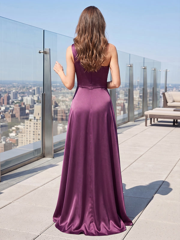 A-Line/Princess One Shoulder Satin Maxi Formal Dresses with Pleats, Ruched Waist & Rhinestones
