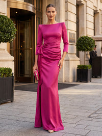 Mermaid/Trumpet Scoop Neck Satin Maxi Formal Dresses with Ruched Waist, Side Sash & Slit