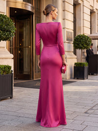 Mermaid/Trumpet Scoop Neck Satin Maxi Formal Dresses with Ruched Waist, Side Sash & Slit
