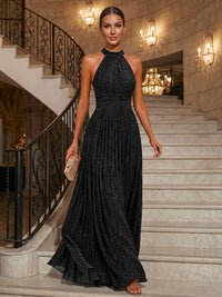 A-Line/Princess Halter Glitter Maxi Formal Dresses with Pleats