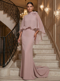 Mermaid/Trumpet High Neck Chiffon Maxi Formal Dresses with 3D Flowers, Sweep Train, Cape & Ruffles