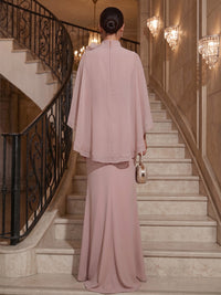 Mermaid/Trumpet High Neck Chiffon Maxi Formal Dresses with 3D Flowers, Sweep Train, Cape & Ruffles