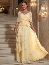 A-Line/Princess Off Shoulder Chiffon Maxi Formal Dresses with 3D Flowers, Tiered Layers & Ruffles