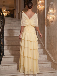 A-Line/Princess Off Shoulder Chiffon Maxi Formal Dresses with 3D Flowers, Tiered Layers & Ruffles