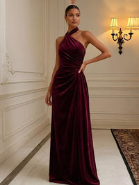 Sheath/Column Halter Velvet Maxi Formal Dresses with Ruched Waist
