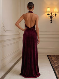 Sheath/Column Halter Velvet Maxi Formal Dresses with Ruched Waist