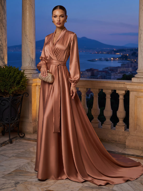 A-Line/Princess V-Neck Satin Maxi Formal Dresses with Sweep Train & Belt