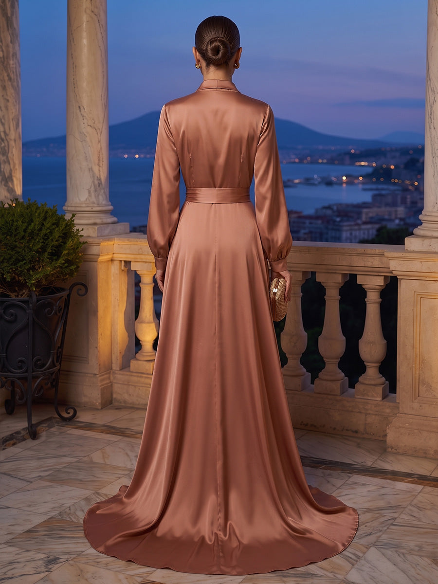 A-Line/Princess V-Neck Satin Maxi Formal Dresses with Sweep Train & Belt