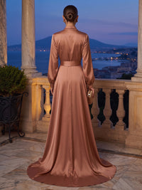 A-Line/Princess V-Neck Satin Maxi Formal Dresses with Sweep Train & Belt
