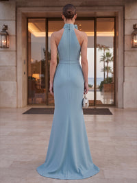 Mermaid/Trumpet Halter Stretch Jersey Maxi Formal Dresses with 3D Flowers, Tassel & Sweep Train