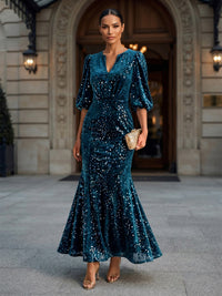 Mermaid/Trumpet V-Neck Sequin Tea-Length Formal Dresses with Ruffles