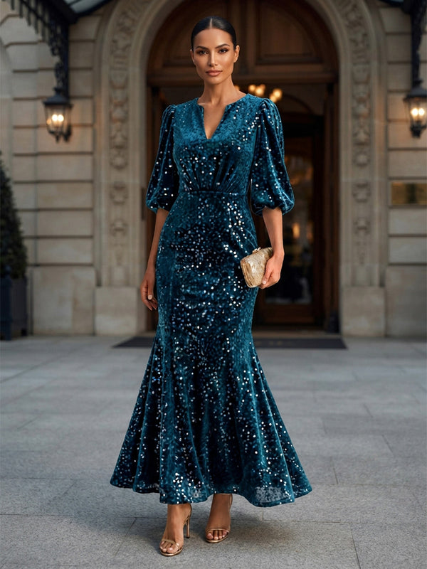 Mermaid/Trumpet V-Neck Sequin Tea-Length Formal Dresses with Ruffles