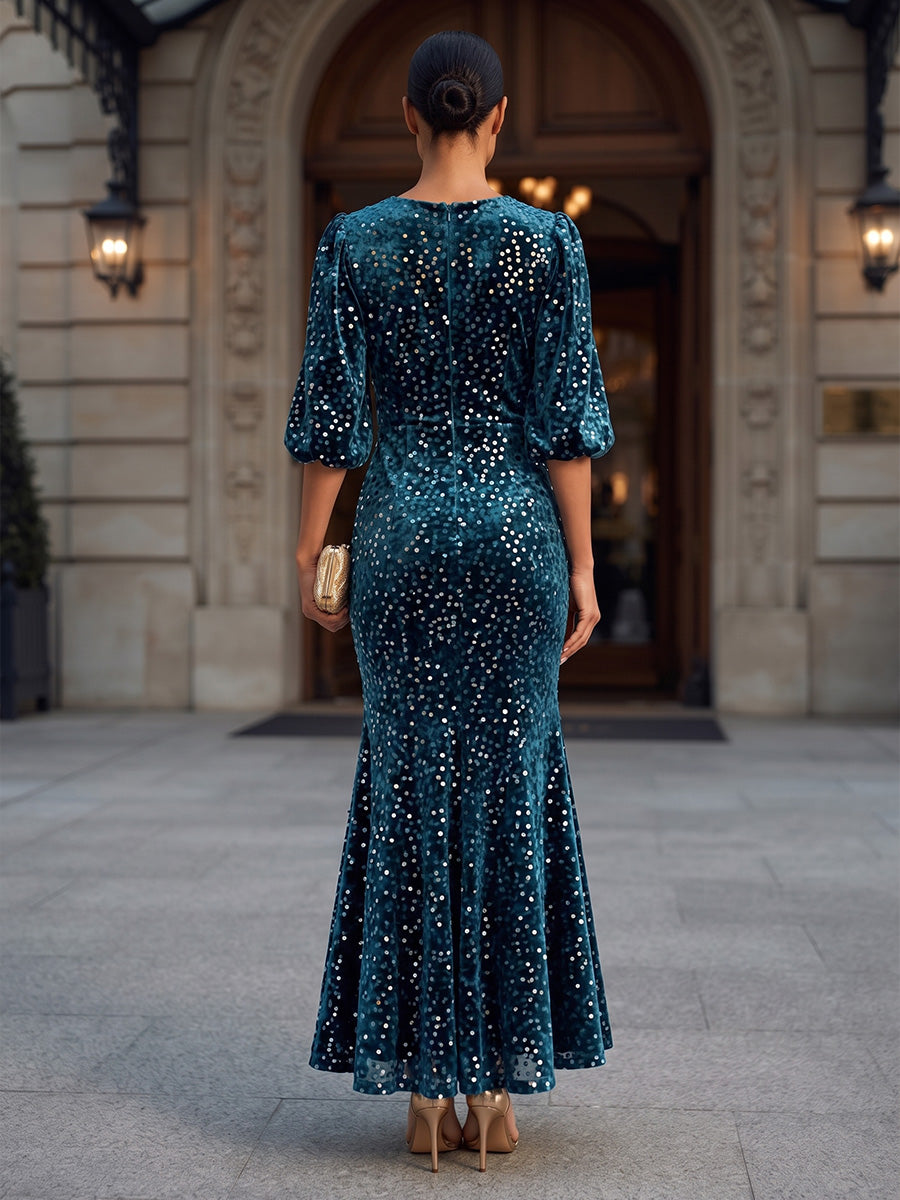 Mermaid/Trumpet V-Neck Sequin Tea-Length Formal Dresses with Ruffles