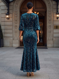 Mermaid/Trumpet V-Neck Sequin Tea-Length Formal Dresses with Ruffles