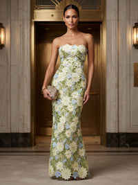 Sheath/Column Strapless Lace Appliques Maxi Formal Dresses for Women
