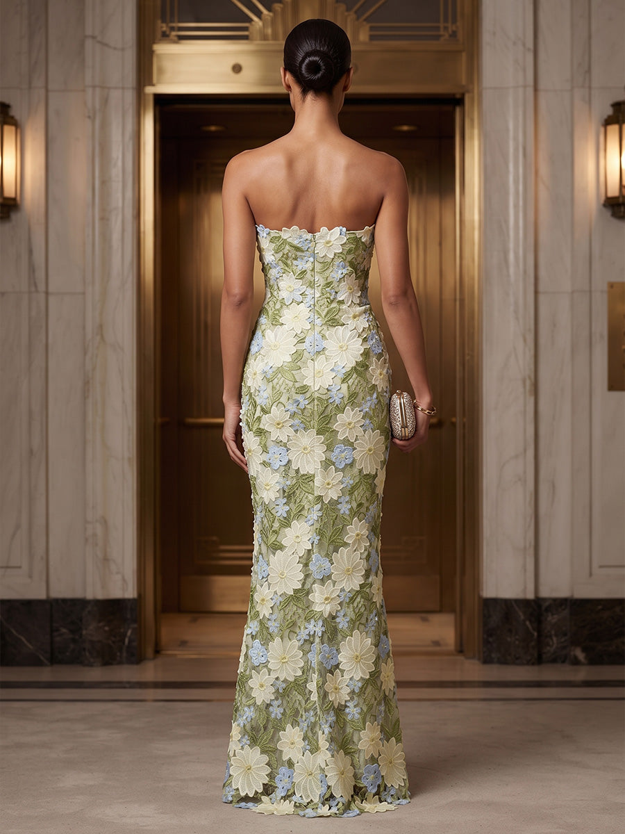 Sheath/Column Strapless Lace Appliques Maxi Formal Dresses for Women