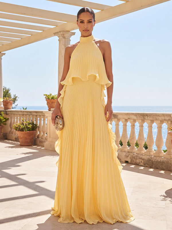 A-Line/Princess Halter Chiffon Maxi Formal Dresses with Pleats & Ruffles