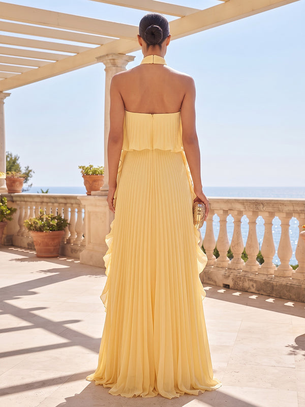 A-Line/Princess Halter Chiffon Maxi Formal Dresses with Pleats & Ruffles