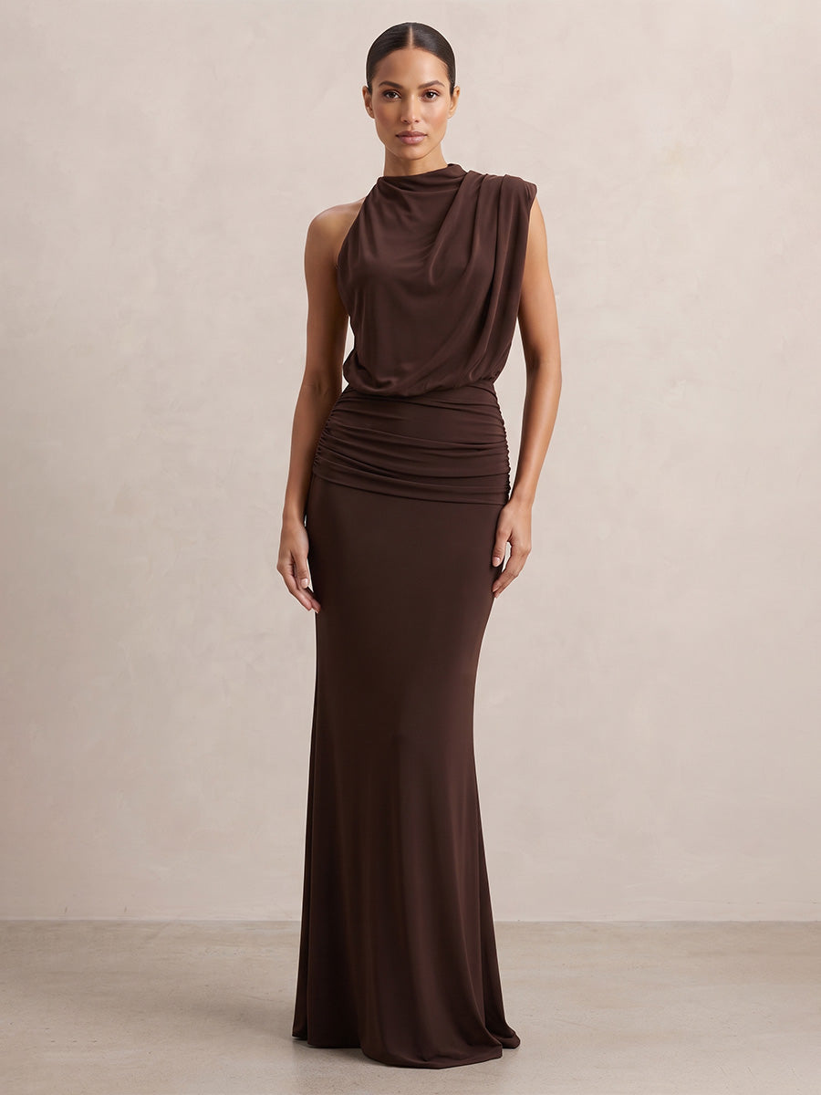 Sheath/Column High Neck Stretch Jersey Maxi Formal Dresses with Ruched Waist