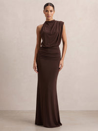 Sheath/Column High Neck Stretch Jersey Maxi Formal Dresses with Ruched Waist