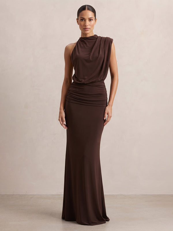 Sheath/Column High Neck Stretch Jersey Maxi Formal Dresses with Ruched Waist