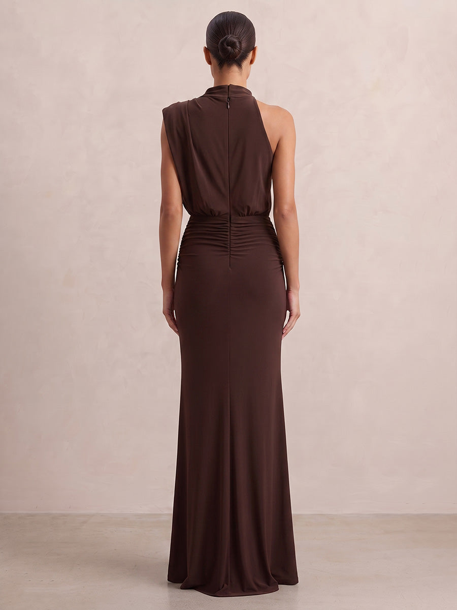 Sheath/Column High Neck Stretch Jersey Maxi Formal Dresses with Ruched Waist