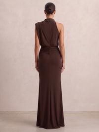 Sheath/Column High Neck Stretch Jersey Maxi Formal Dresses with Ruched Waist