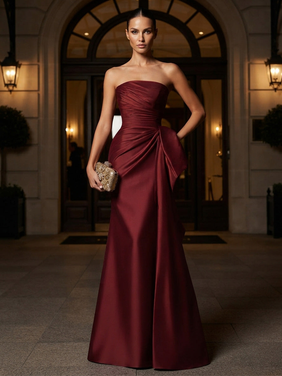 A-Line/Princess Strapless Satin Maxi Formal Dresses with Ruched Waist