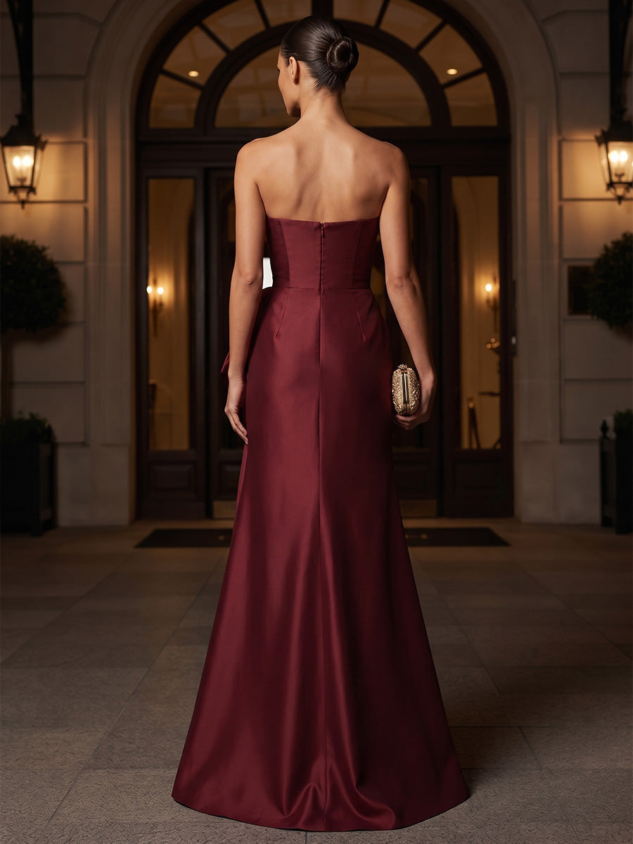 A-Line/Princess Strapless Satin Maxi Formal Dresses with Ruched Waist