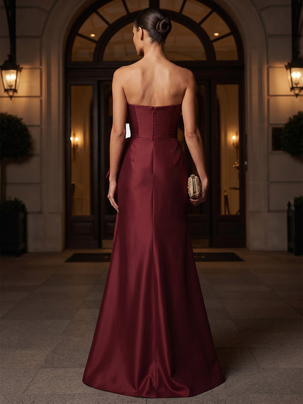 A-Line/Princess Strapless Satin Maxi Formal Dresses with Ruched Waist