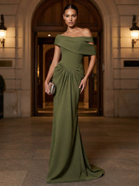 Mermaid/Trumpet Off Shoulder Stretch Jersey Maxi Formal Dresses with Ruched Waist & Sweep Train